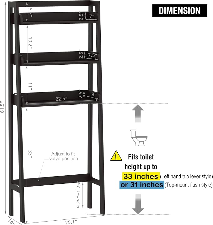 UTEX Behind Toilet Bathroom Organizer, 3-Tier Wood Ladder Shelf, Espresso - Image 3