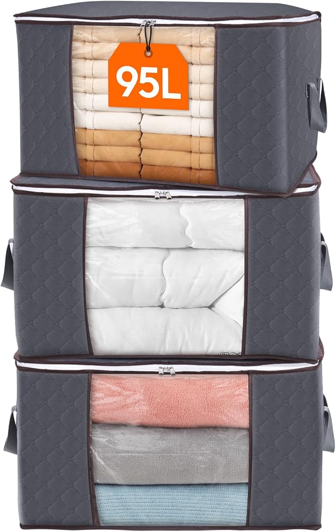 Lifewit 3 Pack 90L Clothes Storage Bins with Lids, Foldable Blanket Storage Bags with Zippers, Clear Window and Reinforced Handles, Closet and Organization for Clothing, Sweater, Comforter, Bedding by Lifewit