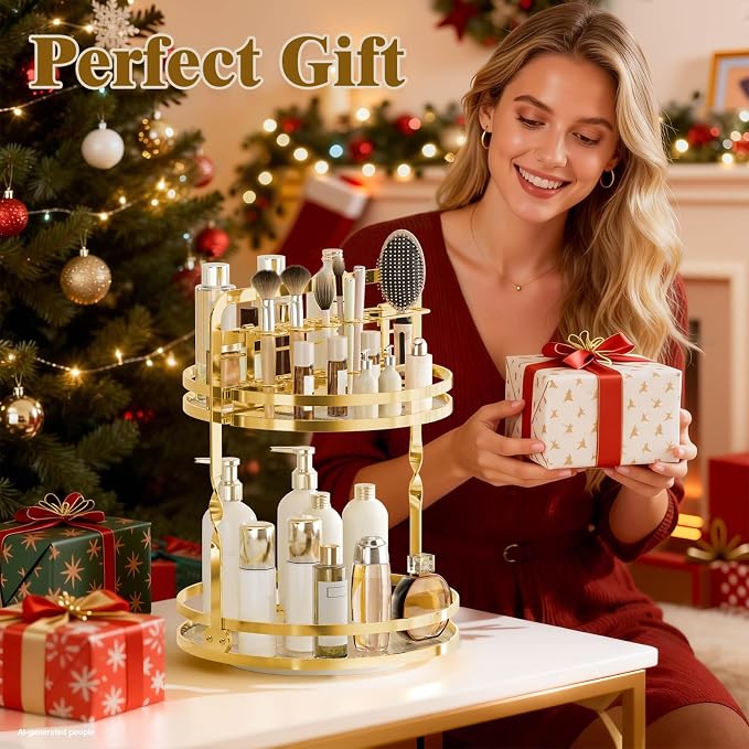 360°Rotating Makeup Organizer, Gold Bathroom Organizer Countertop - Image 6