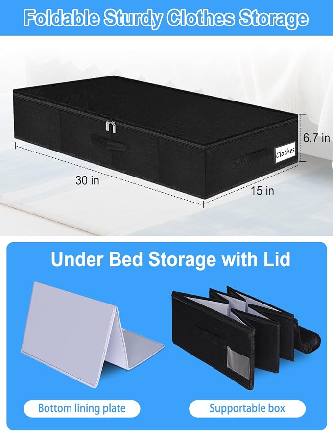 6.7-in Under Bed Storage Bin with Lid, Rigid Sides,2 Pack, Black | Zipped Lid, Rigid Sides & Bottom, Large Clothes Organizer Box, Off-season Storage, Bedrooms, Dorms Organization - Image 6