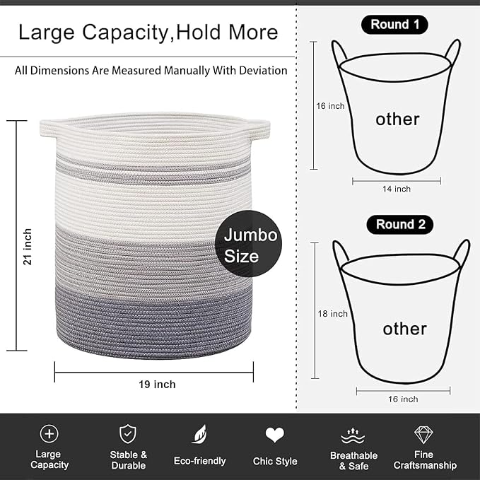 OIAHOMY 80L Laundry Basket Laundry Hamper Nursery Hamper White&Gray - Image 4
