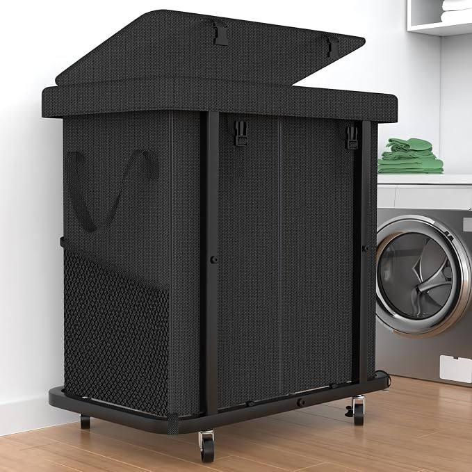 Laundry Basket with Lid,190L Rolling Laundry Hamper with Wheels,Black by Unlockyourhomestoragelife