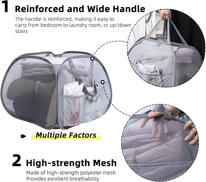 Collapsible Laundry Basket, 90L Mesh Pop-up Hamper with Handles - Image 3