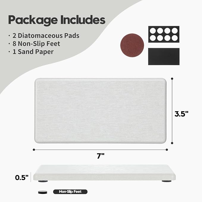 2PCS 7"x3.5" Water Absorbing Bathroom Sink Vanity Trays, Diatomite Stone Quick Drying Mat for Kitchen Counter, Dish Rack Dispenser Sponge Holder Caddy Organizer, Beige, 7"x3.5" - Image 3