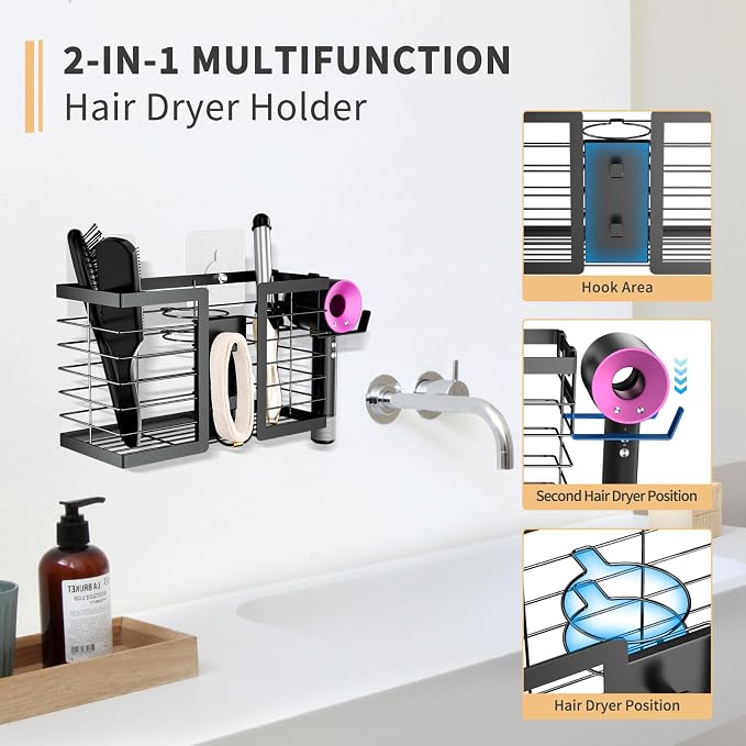 FUNKYLEE 3-in-1 Universal Hair Tool Organizer Wall Mount, Black - 2 Pack - Image 3