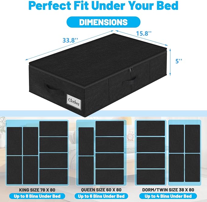 Under Bed Storage Container Bins 4 Pack, 5 Inch Thin Low Profile Underbed Clothes Storage Organizer for Dorm & Home, Use for Blanket and Toy Storage Box W/ Sturdy Bottom/Sides, Foldable Thick Fabric - Image 2