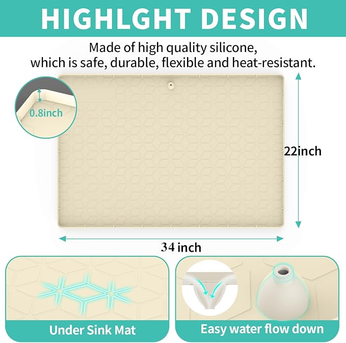 Under Sink Mat for Kitchen Silicone Waterproof Under Sink Liner, Flexible Sink Cabinet Organizer Tray with Drain Hole, Hold up to 3.3 Gallons Liquid, Easy to Clean (Beige, 34X22) - Image 2