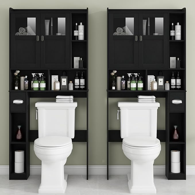 Vabches Over The Toilet Storage Cabinet with Doors and Shelves, Black - Image 5