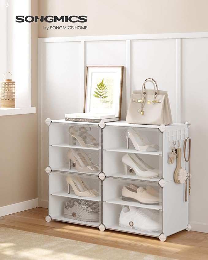 SONGMICS Shoe Rack, 4-Tier with Doors, 16-Pair Storage Cabinet | Shoe Organizer, Steel Frame, Plastic Panel, Bedroom, Entryway, Cloud White and Transparent, DAMION Collection ULPC032W01 - Image 2