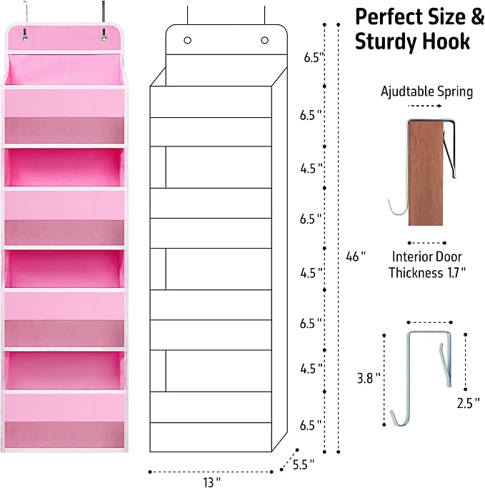 TYMENSH Pink Over Door Organizer with 4 Large Clear Pockets, Hanging Door Storage for Nursery, Bedroom, Bathroom, Closet, Toys, Diapers, Cosmetics, Baby Essentials - Image 2