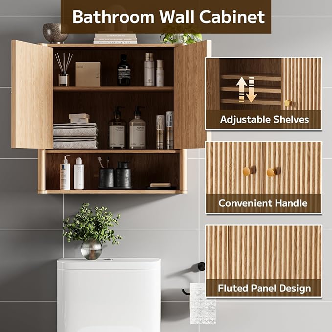 Bathroom Wall Cabinet, Medicine Cabinet with Adjustable Wood Shelf & Doors, Over The Toilet Storage Organizer Wall Mounted Storage Cabinet for Laundry Room, Kitchen, Living Room, Cupboard, Oak - Image 5