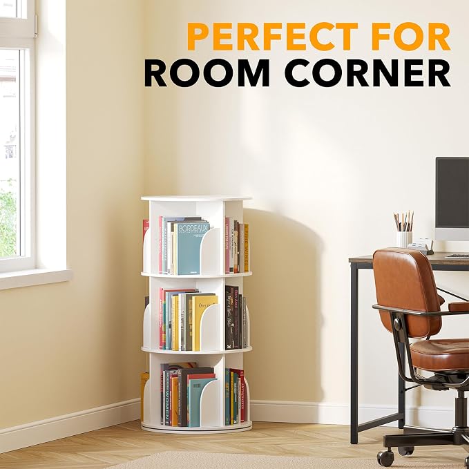 SpaceAid 3 Tier Rotating Bookshelf Tower, Spinning Bookcase Lazy Susan, Revolving 360 Book Shelf Storage Round Carousel, Vertical Rotate Turning Spiral Corner Organizer, White - Image 5