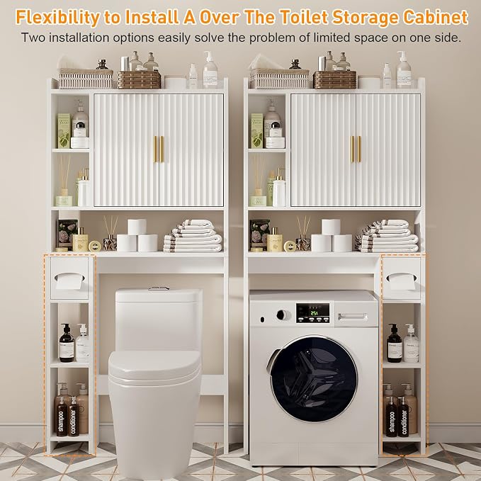 knoworld Fluted Over The Toilet Storage Cabinet, Above Toilet Bathroom Organizer with Toilet Paper Holder, Modern Behind Toilet Cabinet, Space Saver for Restroom, Bathroom, Laundry, White - Image 3