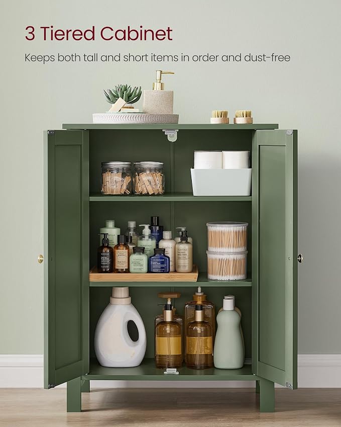 VASAGLE Bathroom Floor Storage Cabinet, 2 Adjustable Shelves, Forest Green - Image 3