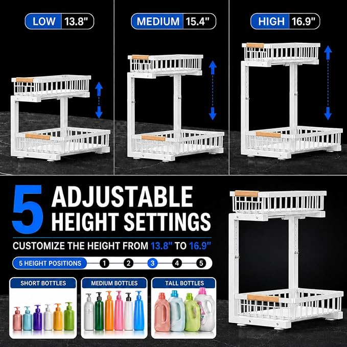 Under Sink Organizer 2 Pack, Double Slide Out Metal Shelf, White - Image 9