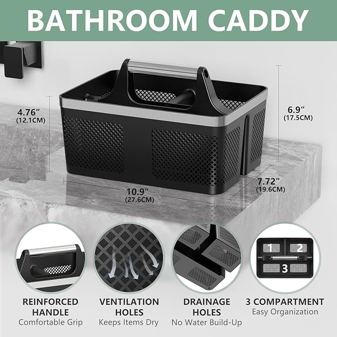 BYUNER Black Shower Caddy Portable: Plastic Bathroom Caddy Organizer with Handle and Holes, Cleaning Caddy, Hard Shower Basket Storage Tote for Toiletry, College Dorm Room Essentials for Men - Image 2