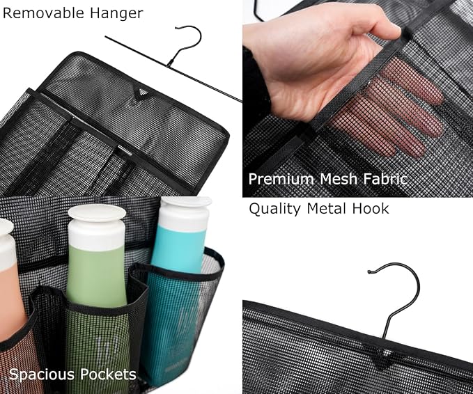 ALYER Mesh Shower Organizer,Shower Caddy with Rotating Detachable Metal Hanger, Quick Dry Bathroom Storage for Toiletry Accessories, Portable Shower Bag for RV,Dorm,Gym and Travel (Black) - Image 3