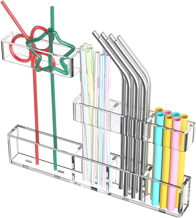 Acrylic Straw Organizer for Cabinet Door - 9.5'' Large Transparent Adjustable 3-Part Reusable Drinking Straw Holder Dispenser Kitchen Accessories Container Cupboard Door Mounted by ENJOYYOURLIFE