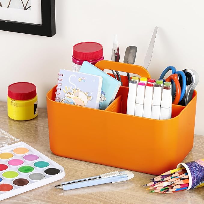 Multiuse Caddy Organizer with Handle, Portable Divided Plastic Tote Bin - Art Craft, Stationary Pen Marker Crayon, Makeup Hair Supplies Storage - Bathroom, Classroom, Dorm, Office, Desk Holder -Orange - Image 4