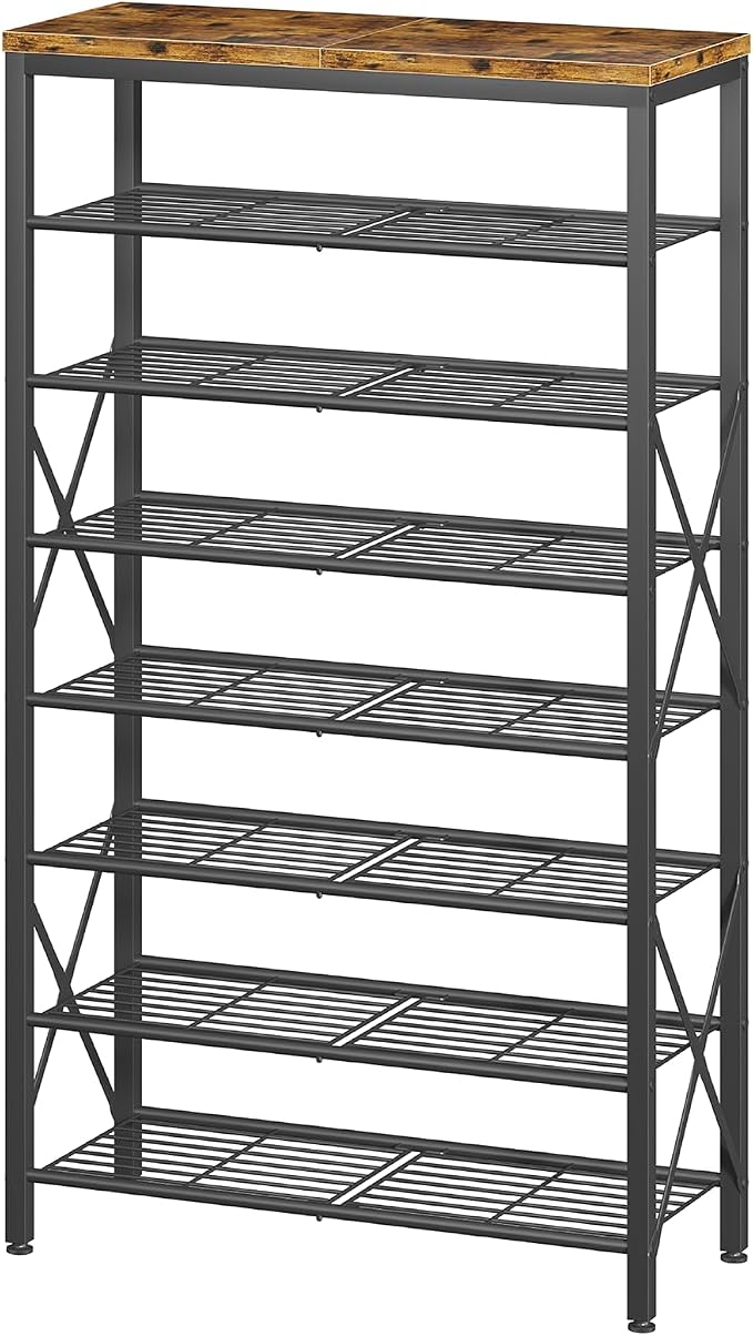 8-Tier Metal Shoe Rack for 32 Pairs, Heavy-Duty Shoe Organizer with Rustic Wooden Top, Space-Saving Entryway Shoe Storage for Closet, Garage, Hallway, Bedroom, Black & Rustic Brown by Unknown