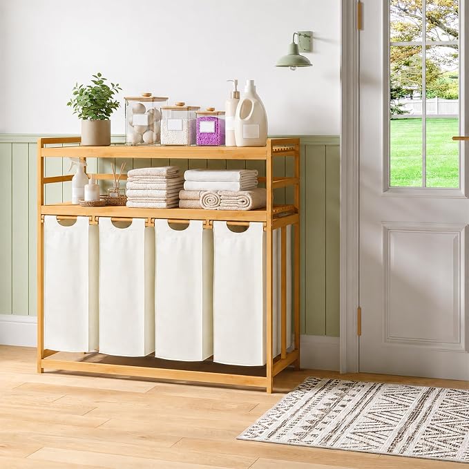 Bamboo 200L Laundry Hamper with 2 Tiers Shelf, Laundry Room Organization - Image 8