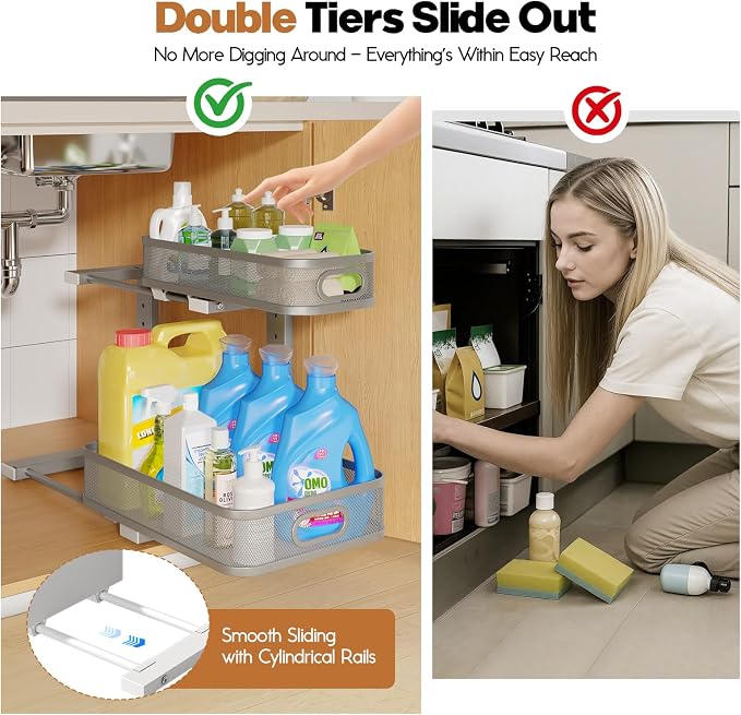 2 Pack 17.3IN-Depth Under Sink Organizer with Smooth Cylindrical Rail,2-Tier Pull Out Multi-Purpose Cabinet Storage for Bathroom&Kitchen,Height Adjustable,Rust-Resistant Coating-Gun Gray - Image 3