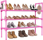 LANTEFUL 3 Tier Shoe Rack for Closet, Shoe Organizer with 5 Hooks, Long Shoe Shelf Storage for Shoe and Boot Stackable Free Standing Shoe Rack for Entryway, Garage, Small Spaces, Dorm, Pink by LANTEFULforTidyingHouse
