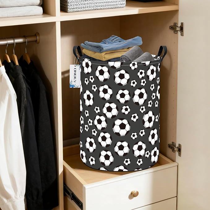 Round Soccer Ball Print Laundry Hamper, Cotton Canvas Storage Bin - Image 5