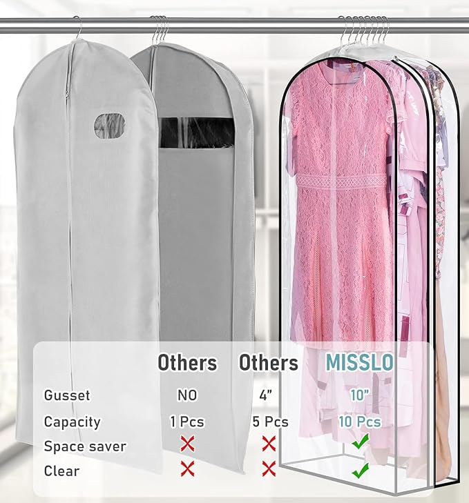 MISSLO 10" Gusseted All Clear Garment Bags for Hanging Clothes 50" Dress Bags for Closet Storage Coat Protectors for Suits, Gowns, 3 Packs - Image 3