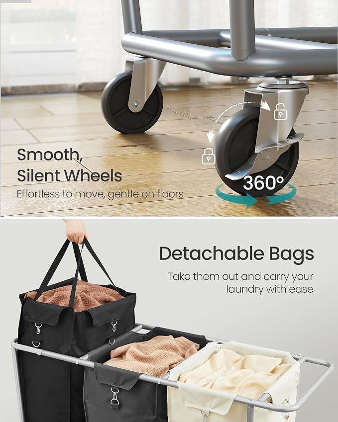 SONGMICS 3-Section Laundry Basket with Wheels, 76.6 Gallons (290 L) Hamper - Image 5