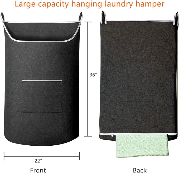 SAVERHO Black Hanging Laundry Hamper Bag, XL Door Hanging Hamper with Large Opening Laundry Hamper Storage Bag Large Size 36X22 Inch (Black) - Image 2