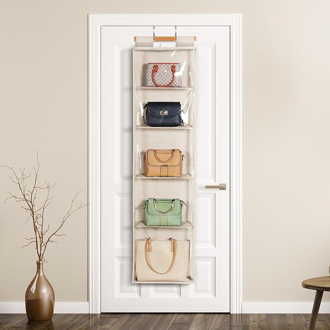 Syeeiex Over the Door Purse Organizer with Zippers, 5 Mesh Shelves, Beige - Image 2