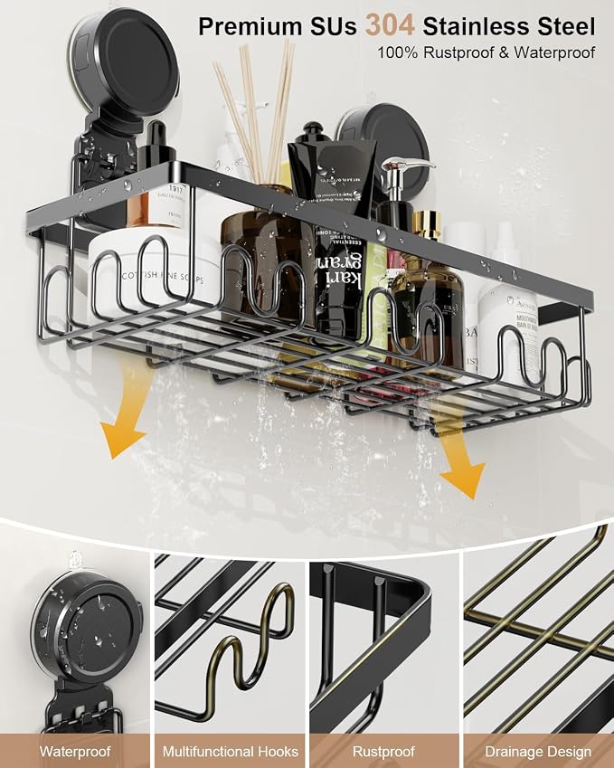 JOTPE Shower Caddy 5 Pack, No-Drill Suction Shower Organizer, Black - Image 7