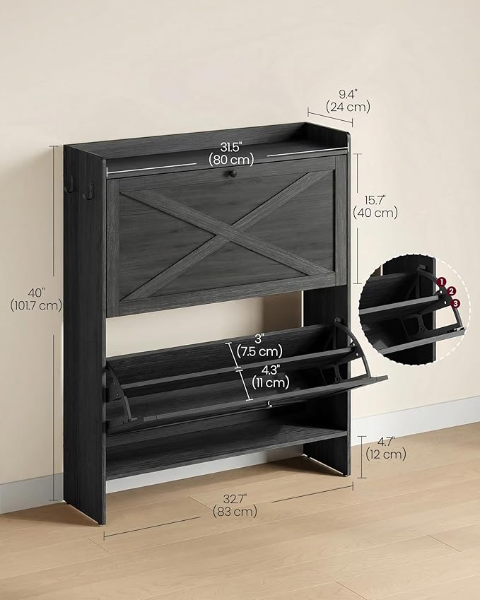 VASAGLE Narrow Shoe Storage Cabinet Organizer with 2 Flip Drawers | Freestanding Shoe Rack, Fits 14 to 16 Pairs, for Entryway, Farmhouse Style, Smoky Black, HAINS Collection UHSC203BJ01S - Image 2