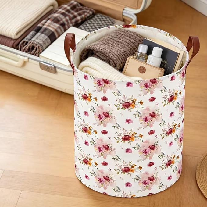 62L Vintage Rose Floral Laundry Hamper with Durable Leather Handle,Collapsible Storage Bin(Retro Pink Flowers） - Image 6