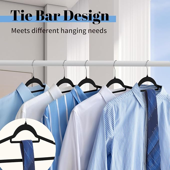 Smartor Black Velvet Hangers 120 Pack, Non-Slip Clothes Hanger with Tie Bar - Image 4