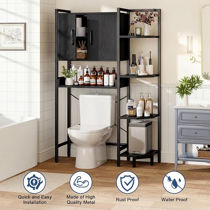 K2 Heavy Duty 7-Tier Over The Toilet Storage Cabinet（with Magnetic Doors & Adjustable Feet） Freestanding Above Toilet Shelf，Space Saver Bathroom Organizer 9.3" D x 31.5" W x 67.2" H，Black - Image 6