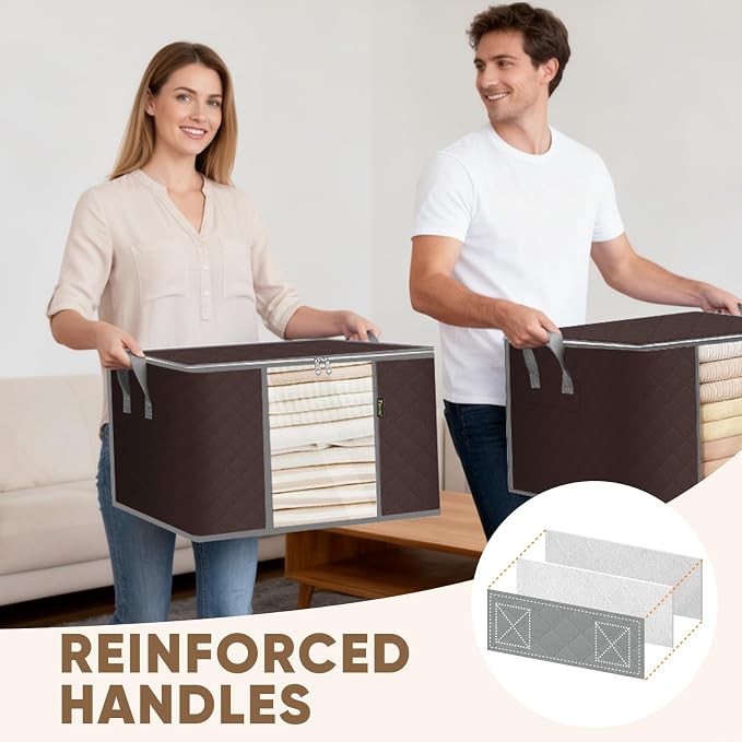 BALEINE 2 Pack Clothes Storage Bags, 24 Gallon Storage Containers with Reinforced Handle, Sturdy Zipper, Closet Organizer for Blanket, Comforter, Pillow, Bedding (Brown, 2 Pack) - Image 5