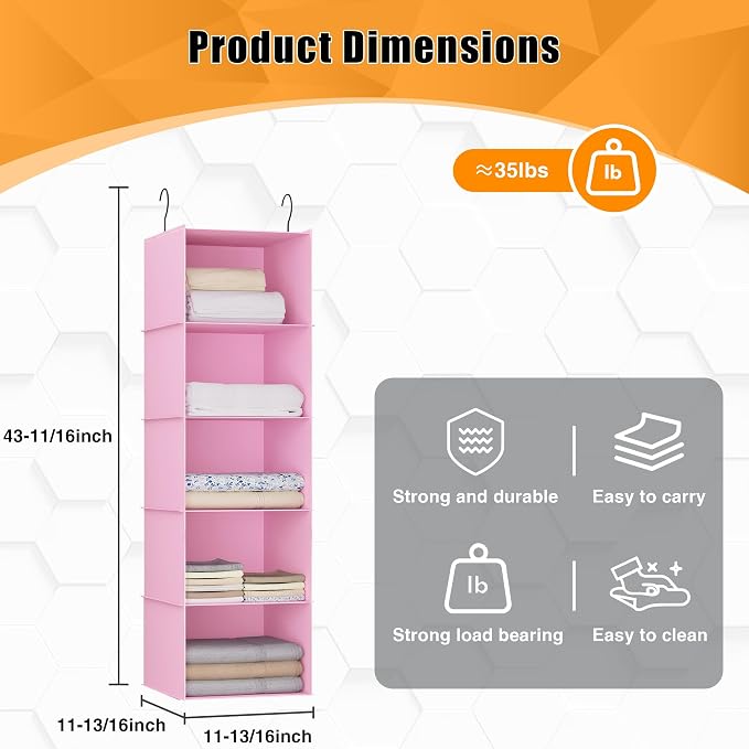 Hanging Closet Organizer 5-Shelf, Oxford Fabric Wardrobe Storage, Pink | Easy-mount foldable design holds clothes, handbags, shoes & accessories; washable Oxford fabric, sturdy and space-saving. - Image 3