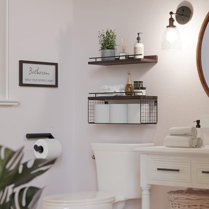 WOPITUES Floating Shelves for Bathroom Decor Art, Rustic Brown - Image 5