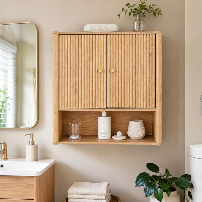Bathroom Wall Cabinet, Medicine Cabinet with Adjustable Wood Shelf & Doors, Over The Toilet Storage Organizer Wall Mounted Storage Cabinet for Laundry Room, Kitchen, Living Room, Cupboard, Oak - Image 3