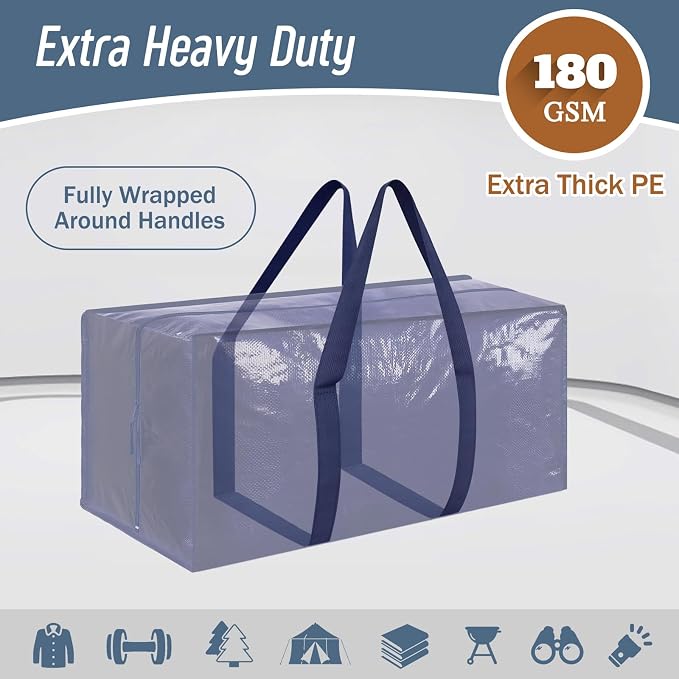 6 Pack Extra Heavy Duty Large Moving Bags with Strong Zipper, Dark Blue | Comfortable Handles, Sturdy & Durable Clothes Storage Bags Totes Bins, Blue Packing Moving Boxes for College Supplies - Image 2