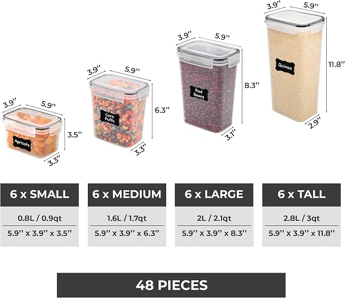 Freshware Kitchen Storage Containers with Lids, 48 PCS Airtight Food Storage Containers, Plastic Kitchen Containers, Pantry Containers for Cereal, Dry Food, Includes Labels, Marker & Measuring Spoons - Image 2