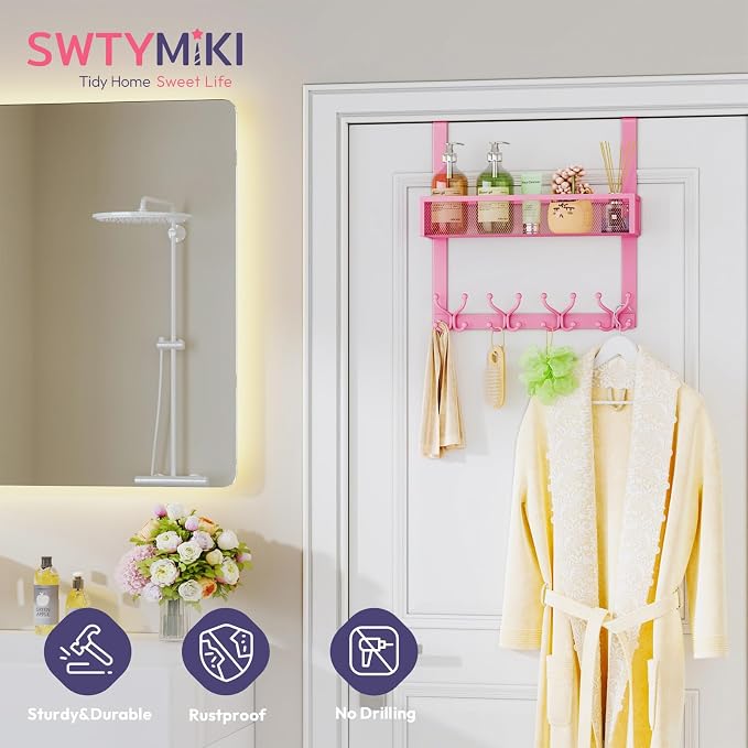 SWTYMIKI Over The Door Hook with 16 Hooks & Mesh Baskets - Heavy Duty Over The Door Organizer Hanger for Towels, Coats, Clothes - Space Saving Hanging Rack for Bathroom, Living Room, Pink - Image 3