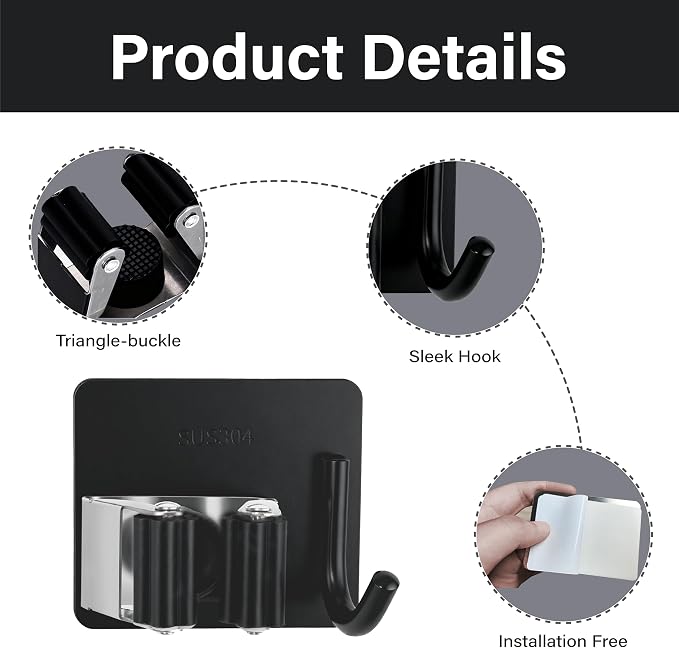 5 Pack Broom and Mop Organizer Wall Hanging, Adhesive Broom Holder, Black - Image 3