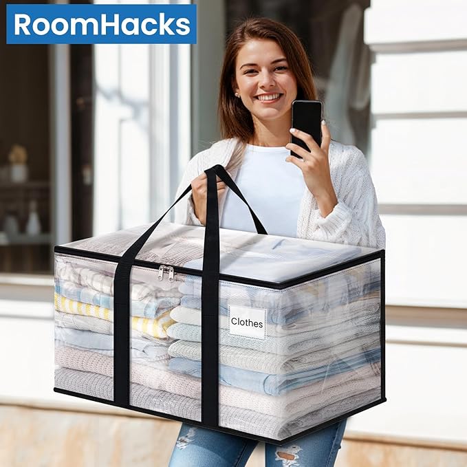 RoomHacks Moving Bags, Heavy Duty Large Storage Bags, 88L, 4 Pack, Clear | Water-Resistant Packing Bags with Reinforced Handles & Dual Zippers, Foldable Storage Totes for Dorm Move & Home Organization - Image 6
