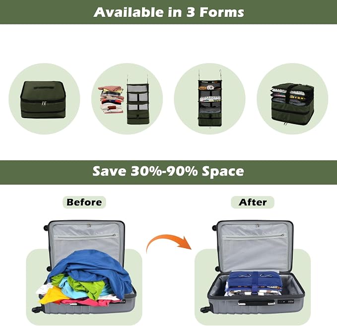 Surblue Hanging Closet Storage Bag Collapsible 3-Shelf Washable Oxford Fabric with 2 Hooks (L 11.41 * 11.41 * 19.68in, Dark Green) - Image 4