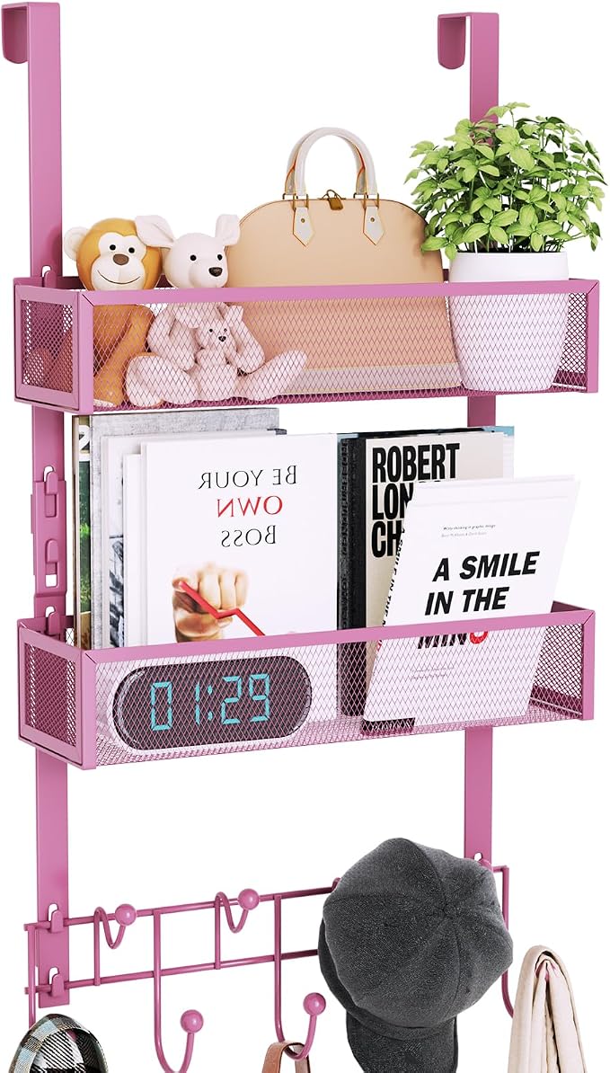Consumest Over The Door Hooks Organizer - 3 Tier Door Hanger with 9 Coat Hooks & 2 Mesh Basket, Back Storage Organizer Hanging Towels for Bathroom, Bedroom, Pink by Consumest