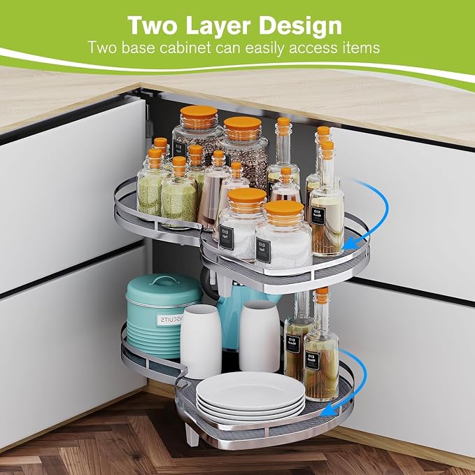 Blind Corner Cabinet Pull Out Organizer, Swing Right Pull Out Cabinet Organizer 26 inch, Corner Cabinet Lazy Susan for Corner Cabinet Blind Shelf, Adjustable Height, 2 Tiers Tray - Image 3