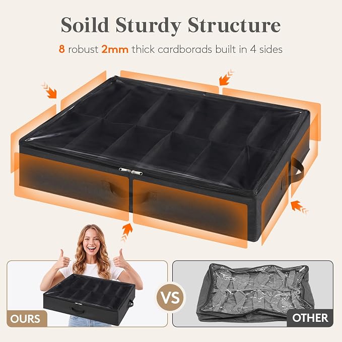 Lifewit Under Bed Shoe Storage Organizer 2 Pack(12 Shoes Cells), 4.3 Inches Profile Fabric Shoes Container Box with Clear Cover, Foldable Storage Bag with 2 Handles, Fits 12 to 24 Pairs - Image 4